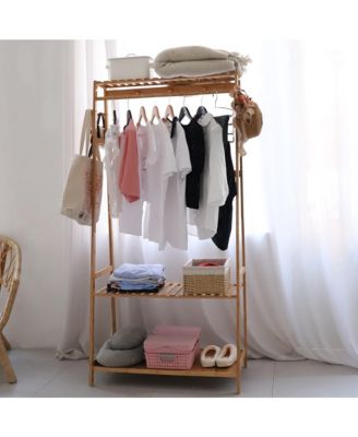 Bamboo Clothes Rail Stand Garment Storage Rack with Shoe Shelf for Bedroom and Living Room
