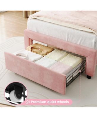 Twin Upholstered Smart LED Bed Frame with Adjustable Bear Headboard, Storage Drawer, Velvet Princess Platform Bed Frame for Kids/Girls, Wooden Slats Support, No Box Spring Needed