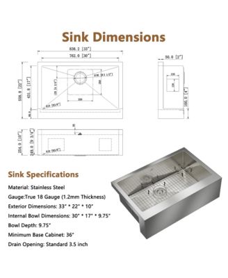33inch L x 22inch W Kitchen Sink with Accessories