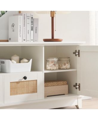 Rattan TV Stand for 65 Inch TV, White Entertainment Center Modern TV Console Table