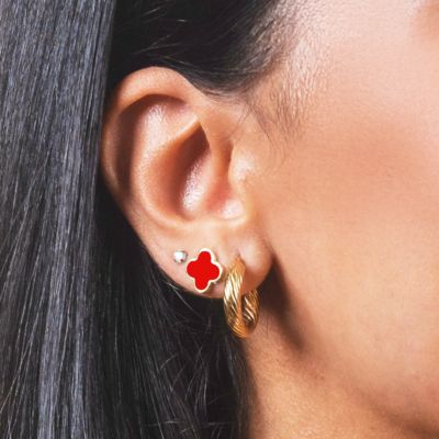 Small Coral Clover Stud Earrings 14K Gold