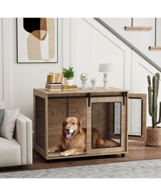39" Dog Crate Furniture with Sliding Barn Door, for Large Dogs