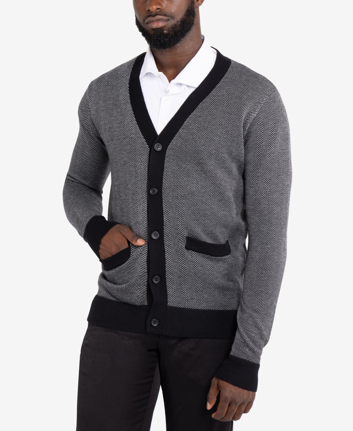 Мужской кардиган X-Ray Herringbone Cardigan, цвет: Молочный белый / Чёрный — фото 3