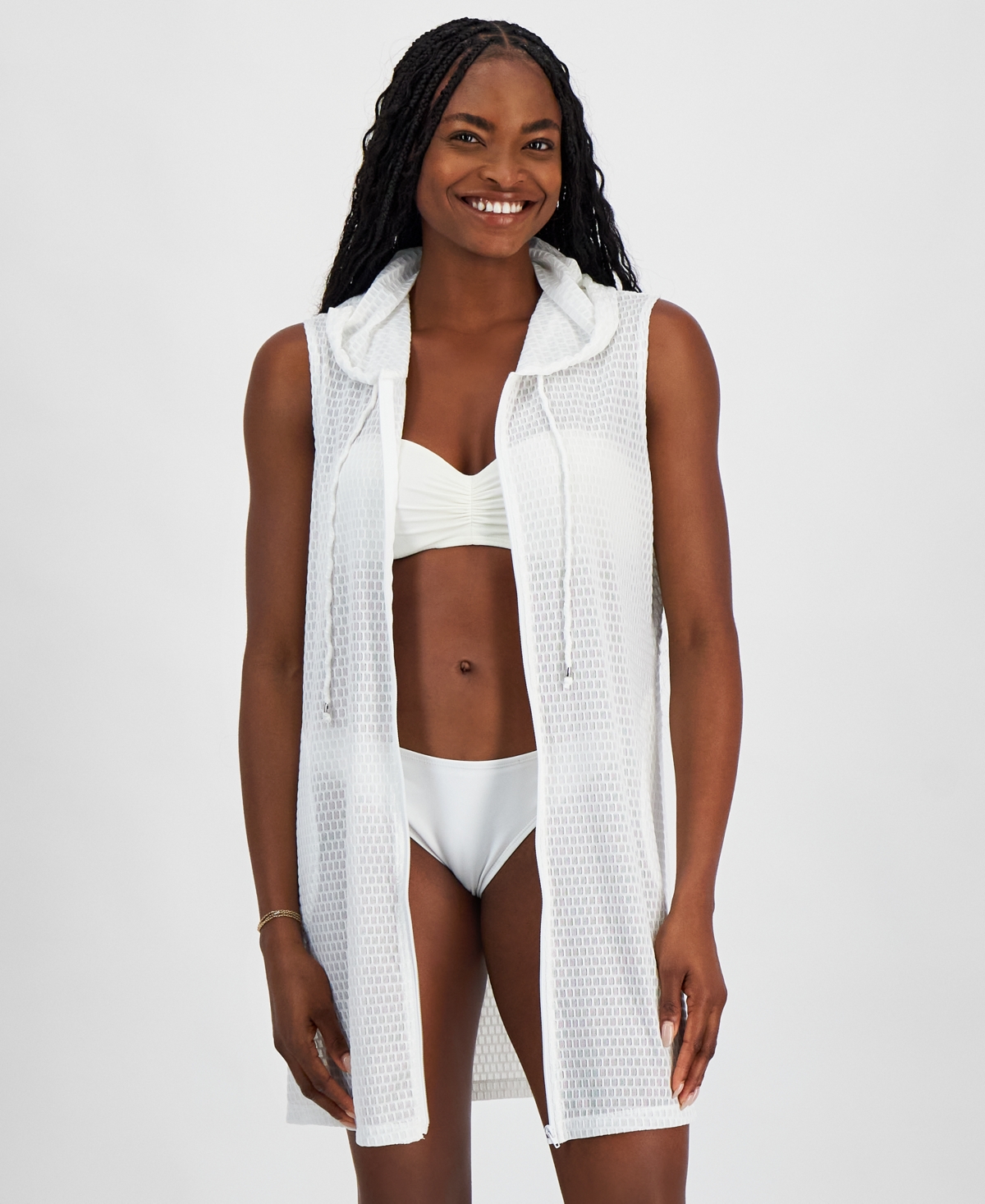 Women's Hooded Zip-Front Sleeveless Swim Cover-Up - White