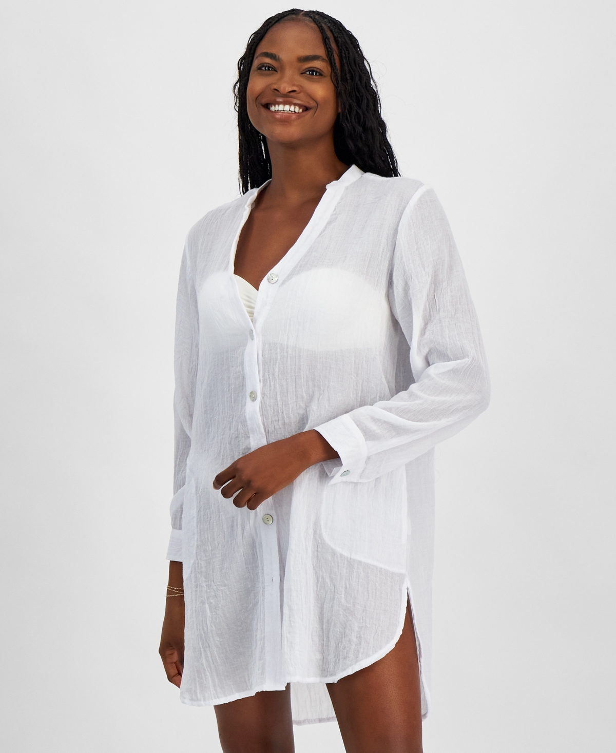 Women's Big Shirt Button-Front Long-Sleeve Swim Cover-Up - White