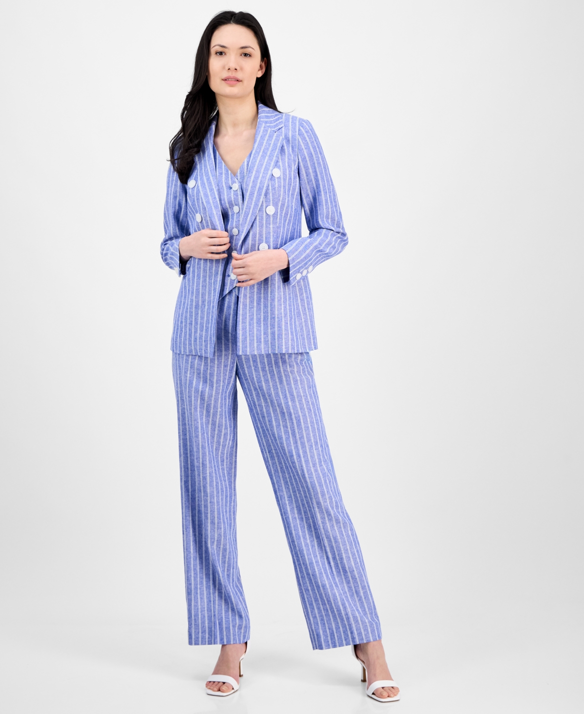 Anne Klein Women's Striped Faux-double-breasted Blazer In Santorini Blue,bright White