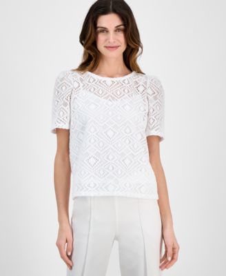 Anne Klein - Petite Crewneck Short-Puff-Sleeve Lace Top