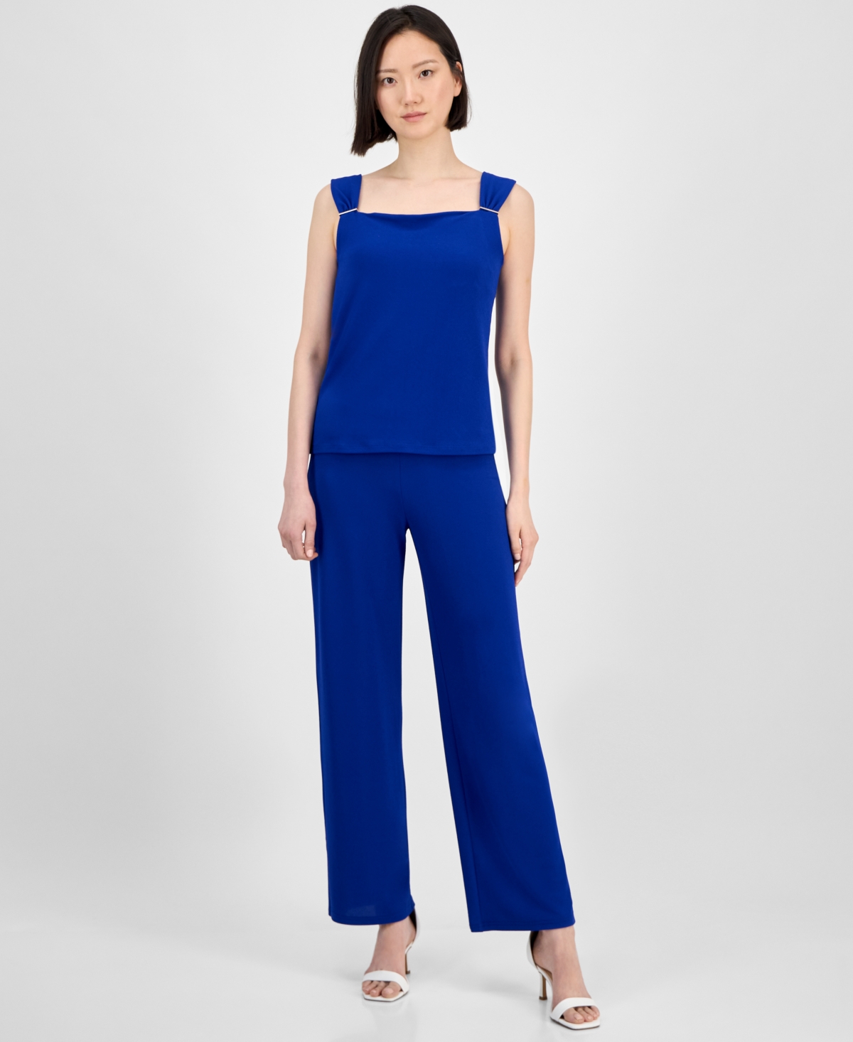 Anne Klein Petite Draped-neck Shirred-strap Top In Santorini Blue