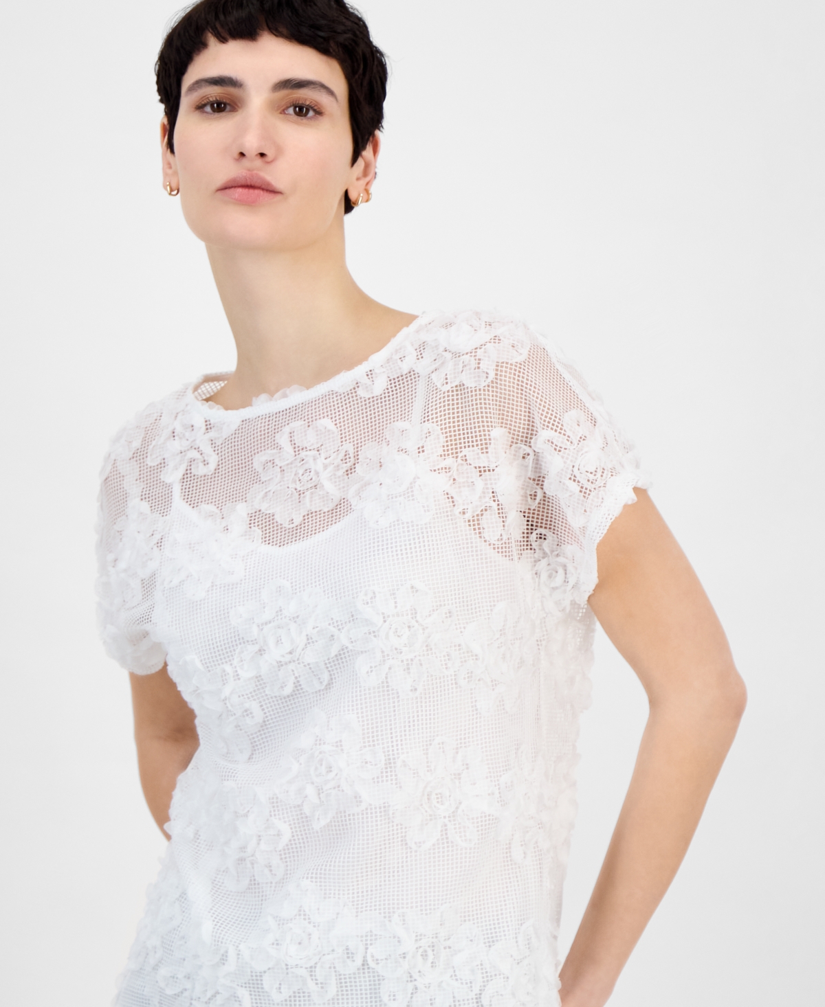 Anne Klein Women's Soutache Net Short-sleeve Top In Bright White