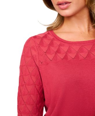 Women's Yoke Wave Stitch Elbow-Sleeve Sweater