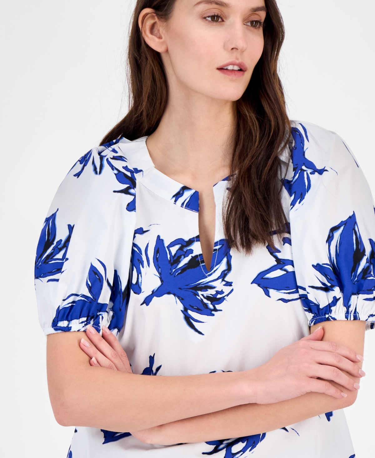 Anne Klein Women's Cotton Printed Puff-sleeve Blouse, Created For Macy's In Bright White,santorini Blue