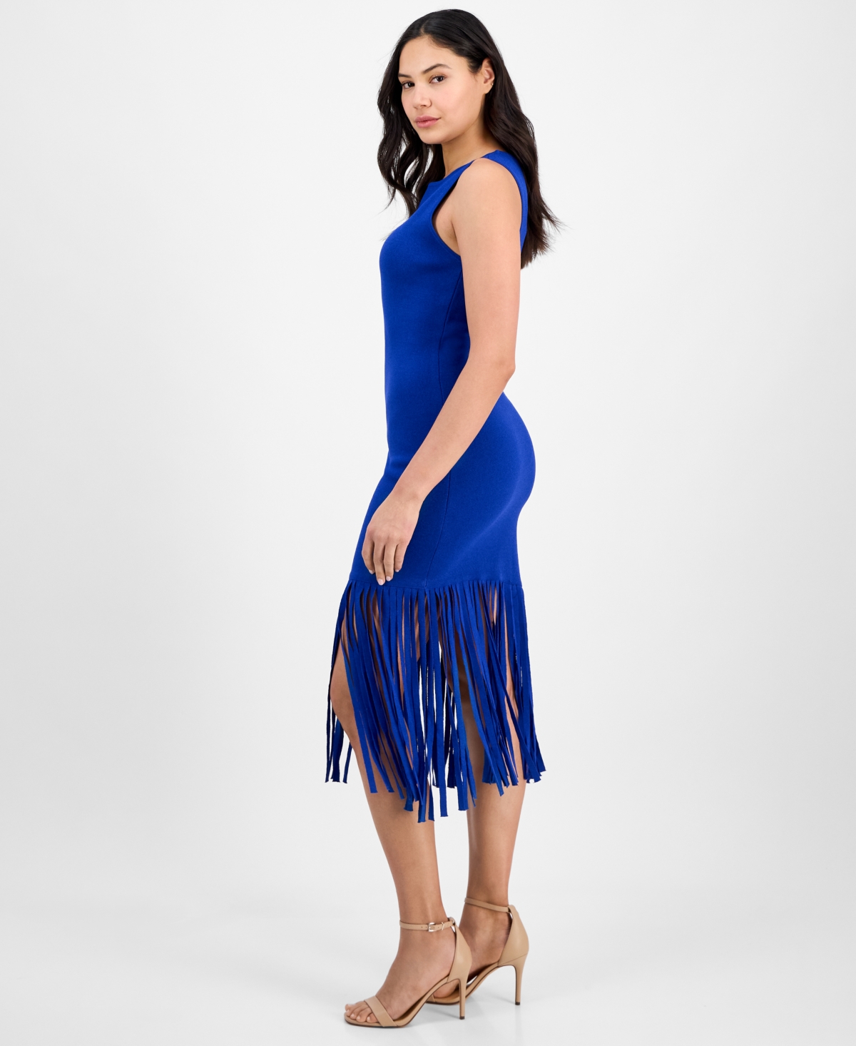 Anne Klein Asymmetric Fringe Hem Knit Dress In Santorini Blue