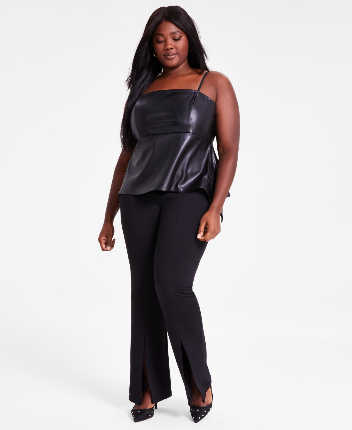 Bar Iii Trendy Plus Size Faux Leather Peplum Top Pull On Slit Hem Pants Exclusively At Macys In Deep Black