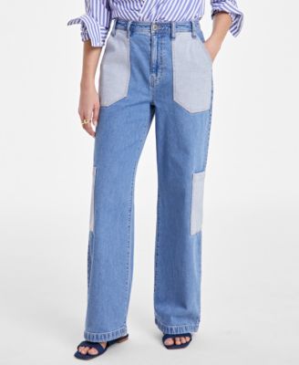 Women's Two-Tone High-Rise Cargo Wide-Leg Jeans, Exclusively at Macy's