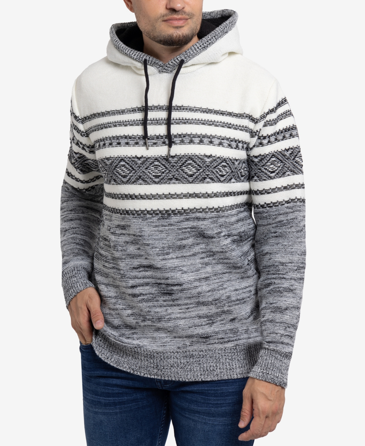 Men's Stripe Pattern Hooded Sweater - Gray
