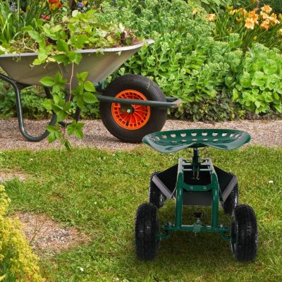 Outdoor Heavy-Duty Steel Rolling Gardening Cart with Adjustable Height Swivel Chair, Tool Tray, and Basket