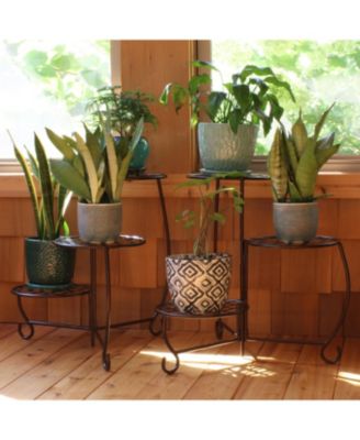 Indoor/Outdoor Steel Decorative Checker Top 3-Tiered Flower Plant Stand Display - Bronze - 2pk