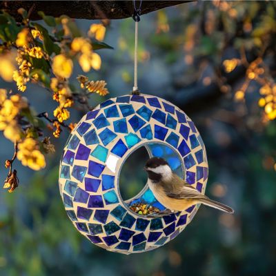 Outdoor Garden Patio Round Glass with Mosaic Design Hanging Fly-Through Bird Feeder - 6"