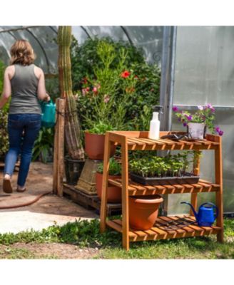 Outdoor Meranti Wood with Teak Oil Finish 3-Tiered Decorative Succulent Flower Plant Shelf Stand - 35" - Brown