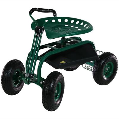 Garden Cart Rolling Scooter with Extendable Steering Handle - Swivel Seat and Utility Basket - Green
