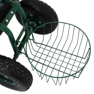 Garden Seat with Wheels - Rolling Garden Stool with Extendable Steer Handle, Swivel Seat and Utility Tool Tray - Green