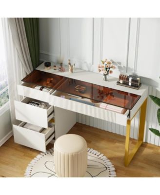 Vanity Desk with Glass Top, 4 Drawers Makeup Vanity Table, Modern Makeup Dresser Desk, White Gold Vanities with Visual Drawer for Bedroom