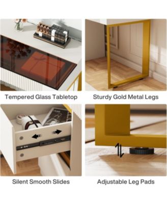 Vanity Desk: White & Gold Makeup Table with Glass Top, 4 Drawers & Visual Storage – Modern Dresser for Bedroom