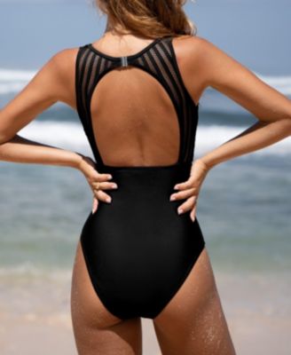 Women's Tummy Control High Neck Cutout Back Hook Mesh One Piece Swimsuit