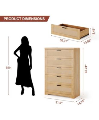 5 Drawer Rattan Dresser for Bedroom, 47.27” Tall Dresser with Power Outlets, Wood Dresser Chest of Drawers with Metal Handles for Living Room Closet Hallway Entryway