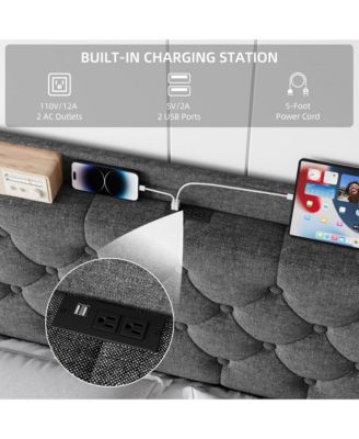 King Size Bed Frame with Upholstered Wingback Headboard, Luxurious Linen Upholstery Platform Bed with Charging Station