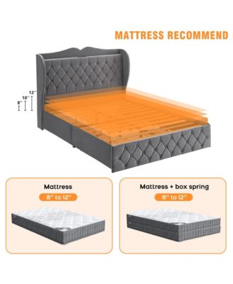 Queen Size Grey Velvet Bed Frame with 4 Convenient Storage Drawers, Wingback Headboard with Charging Station