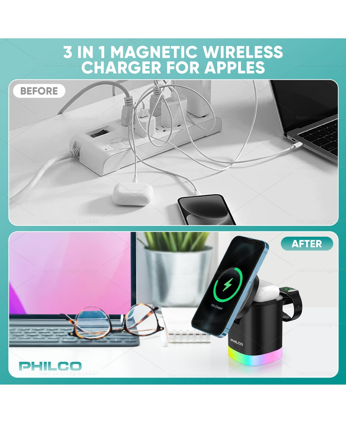 Philco 15W Fast Charging for Apple iPhone 16 15 14 13 12 11 MagSafe 3-in-1 Wireless Charging Station – Foldable Design, Charges Apple Watch & A