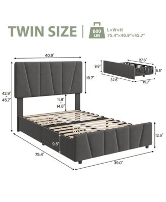 Twin Size Bed Frame with Adjustable Headboard and 4 Storage Drawers, Upholstered Platform Bed Frame
