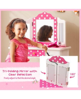 Kids Vanity Table and Stool Set with Cute Polka Dot Print