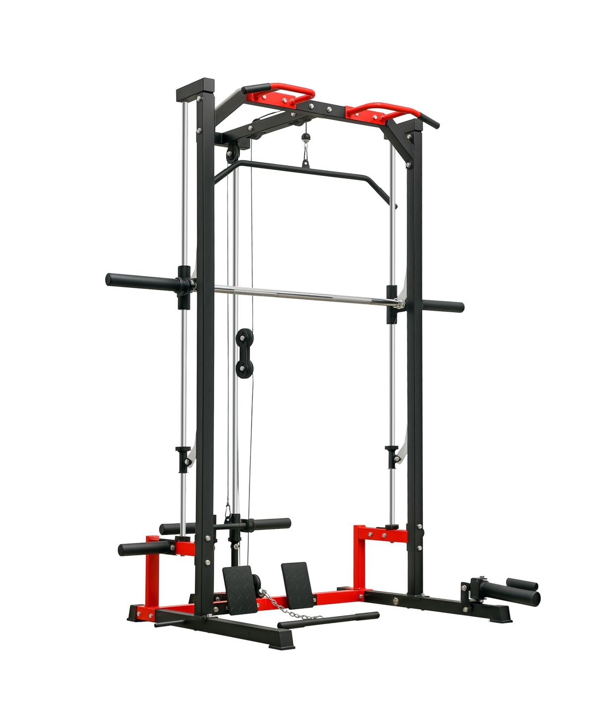 Smith Machine, Multi-Function Power Cage with Lat Pull Down System - Black and red