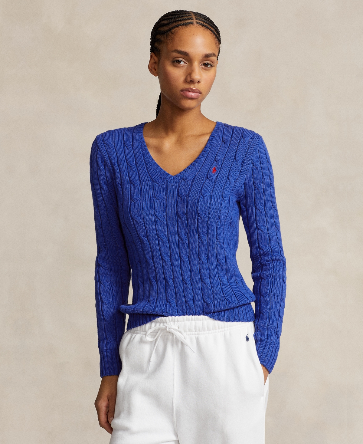 POLO RALPH LAUREN WOMEN'S CABLE-KNIT COTTON V-NECK SWEATER 