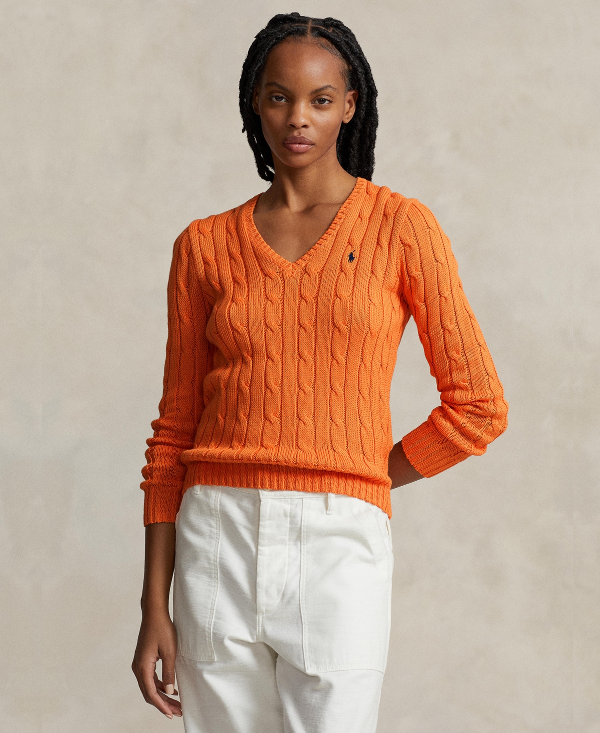 Polo Ralph Lauren Cable-knit Cotton V-neck Jumper In Sun Orange