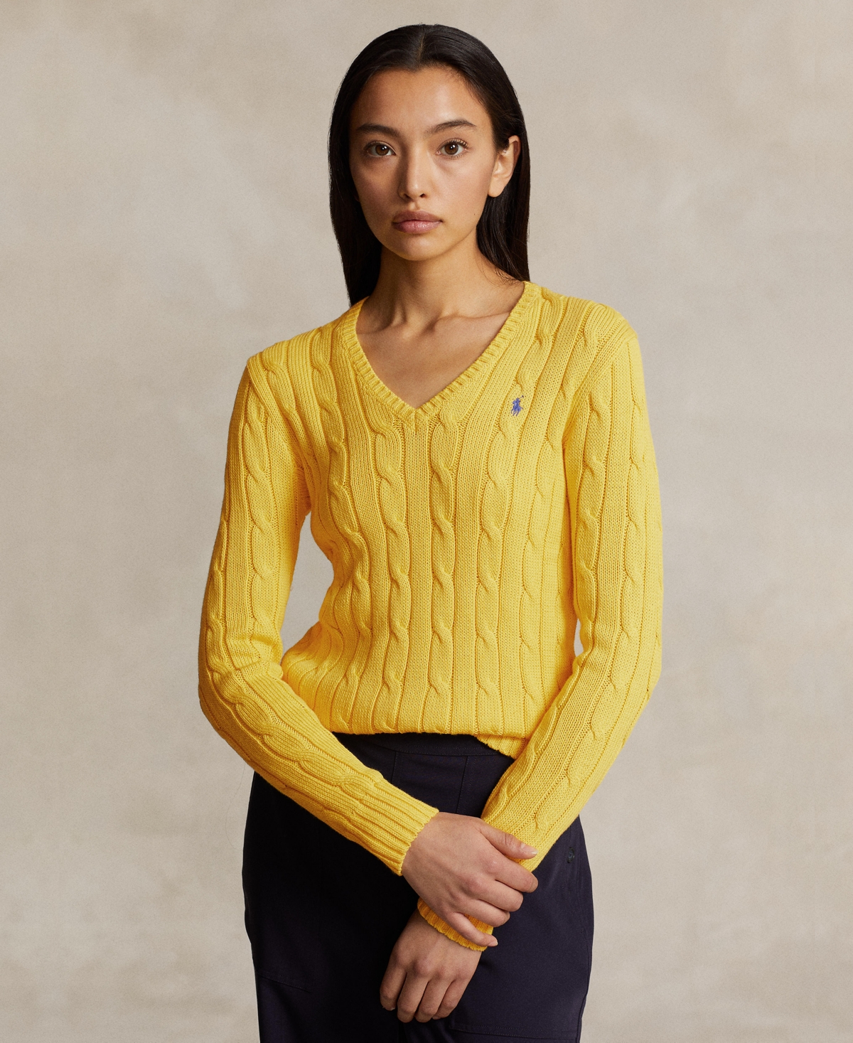 POLO RALPH LAUREN WOMEN'S CABLE-KNIT COTTON V-NECK SWEATER 