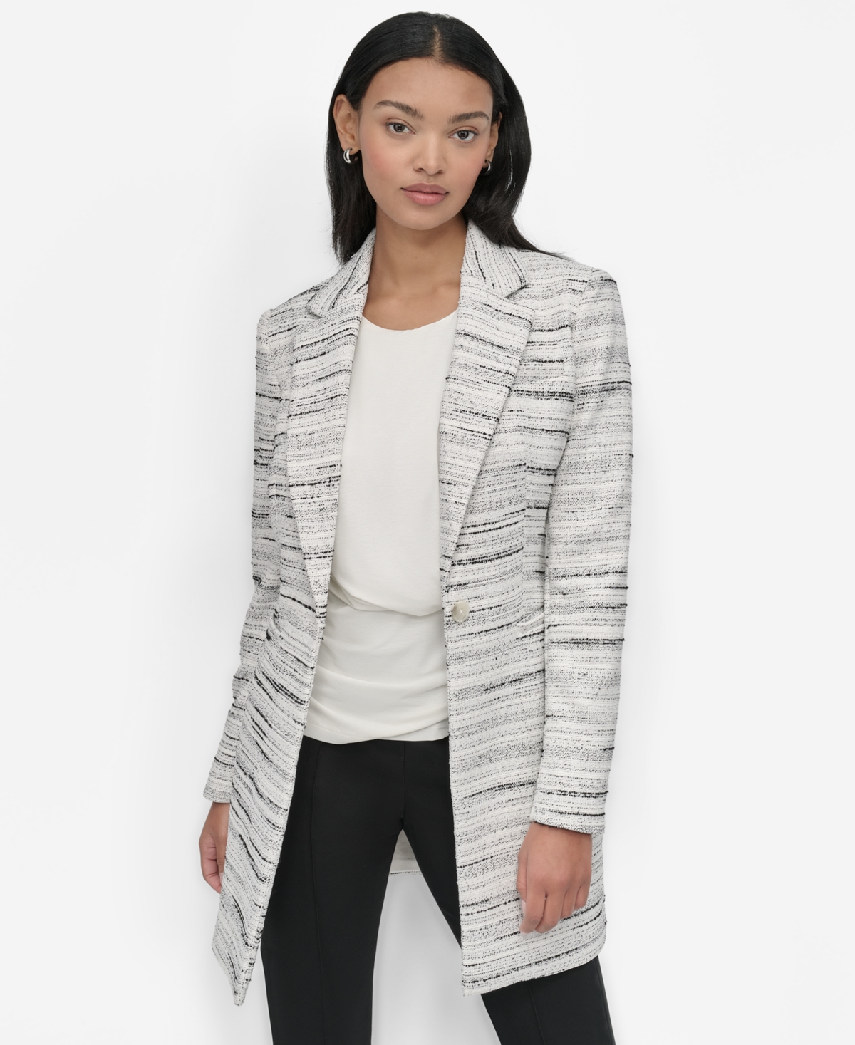 Dkny Women's Tweed Notch-collar One-button Long Blazer In Ivory,black