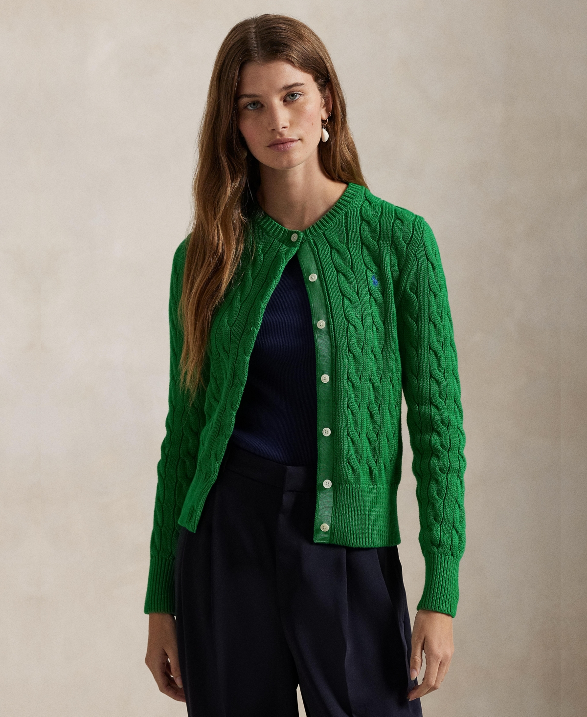 Women's Cable-Knit Cotton Crewneck Cardigan Sweater - Billiard
