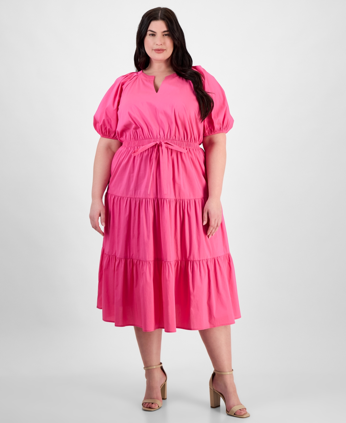 Anne Klein Plus Size Puff-sleeve Tiered Midi Dress In Carmine Rose