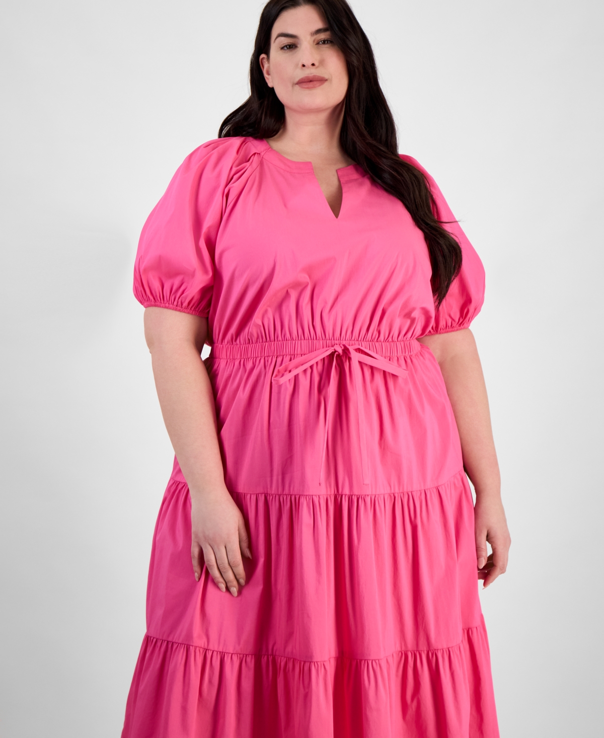 Anne Klein Plus Size Puff-sleeve Tiered Midi Dress In Carmine Rose