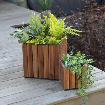 Indoor/Outdoor Square Acacia Wood Planter Box with Vertical Planks - 2pk