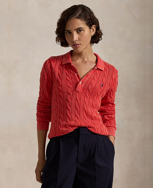 alfani Polo Ralph Lauren Women's Cable-Knit Cotton Long-Sleeve Polo Shirt Sweater Women's Fashion Shoes & Accessories