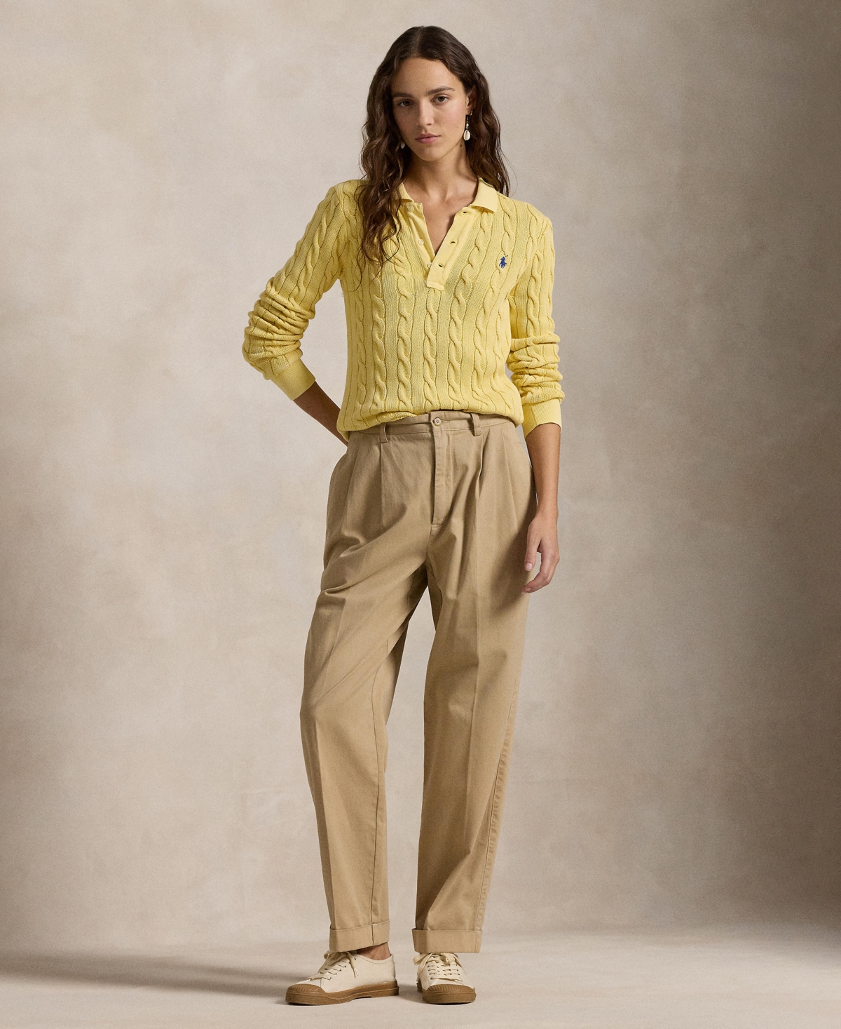POLO RALPH LAUREN WOMEN'S CABLE-KNIT COTTON LONG-SLEEVE POLO SHIRT SWEATER 