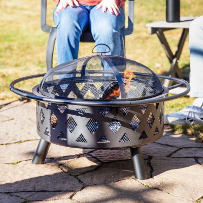 Outdoor Camping or Backyard Crossweave Cut Out Fire Pit with Spark Screen and Log Poker