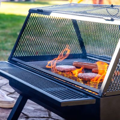 Steel Grilling Fire Pit with Mesh Spark Screen and Protective PVC Cover - Black - 36." W x 32.5" D x 23.75" H
