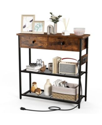 Narrow Console Table with 2 Drawers and 2 Metal Mesh Shelves