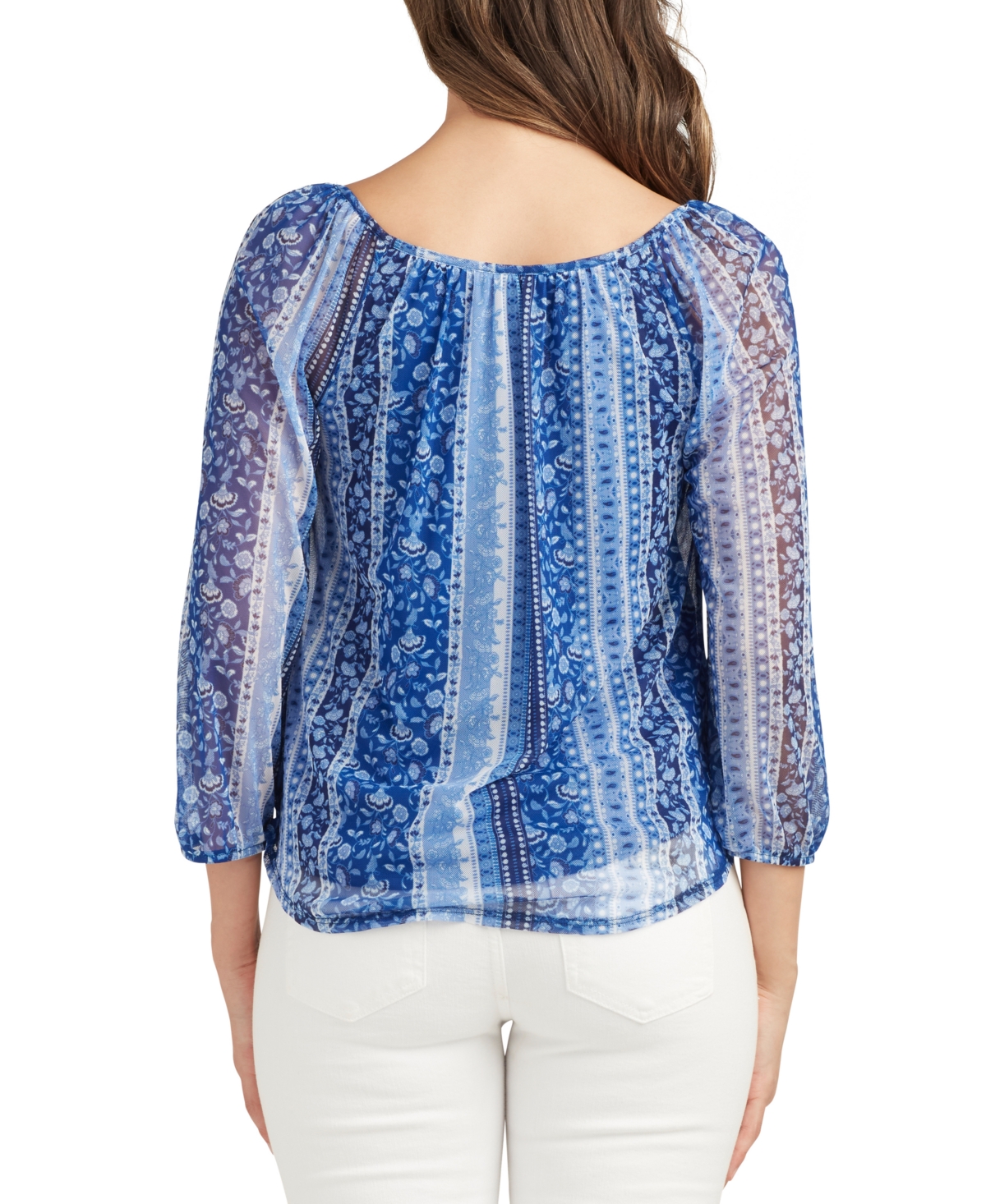 Bcx Juniors' Striped-print Tie-neck Mesh Top In Blue Print