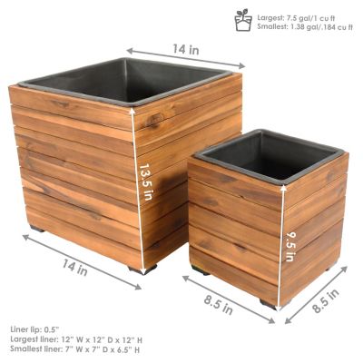 Indoor/Outdoor Square Acacia Wood Planter Box with Plastic Liner - 2pk